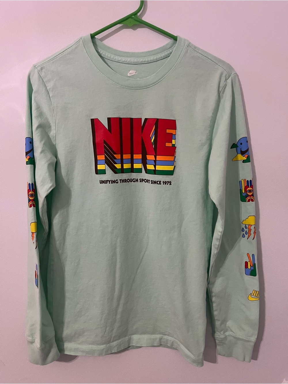 Nike Mint Green Long Sleeve Tee with Colorful Graphic Logo